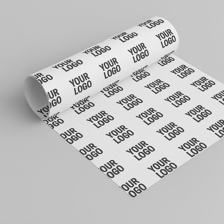 Roll of personalized wrapping paper with repeated Your Logo design for custom branding