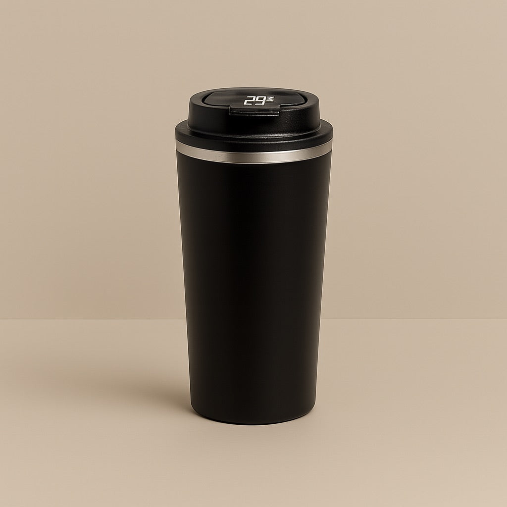 Black custom temperature display coffee mug with digital temperature readout on lid by dreamwithreem