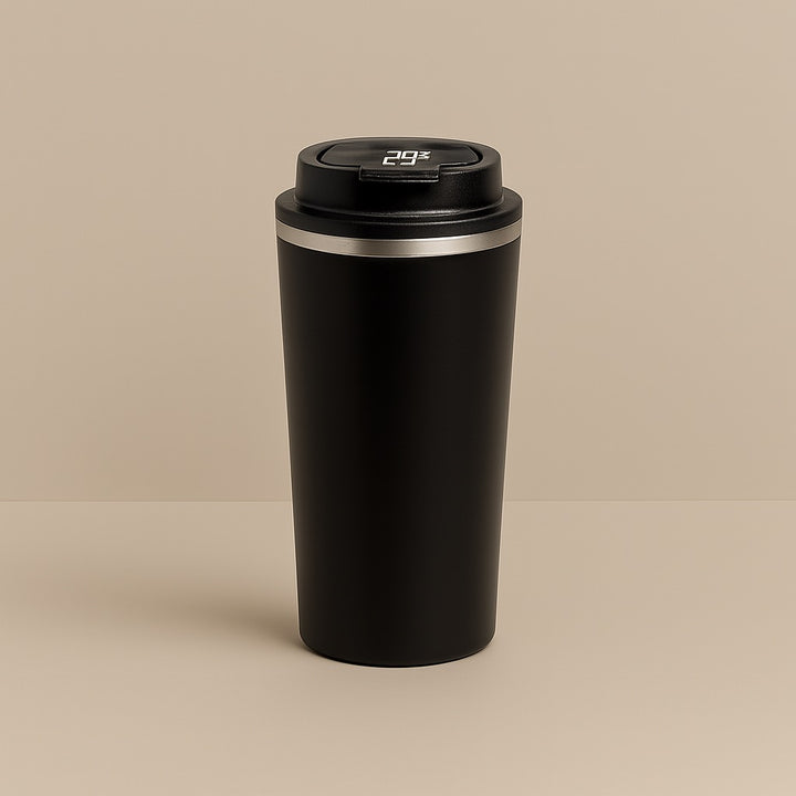Black custom temperature display coffee mug with digital temperature readout on lid by dreamwithreem