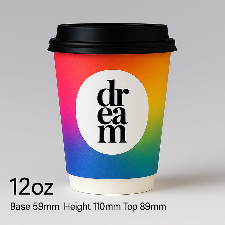 Customizable coffee tumbler by dreamwithreem with rainbow gradient and black lid 12oz size