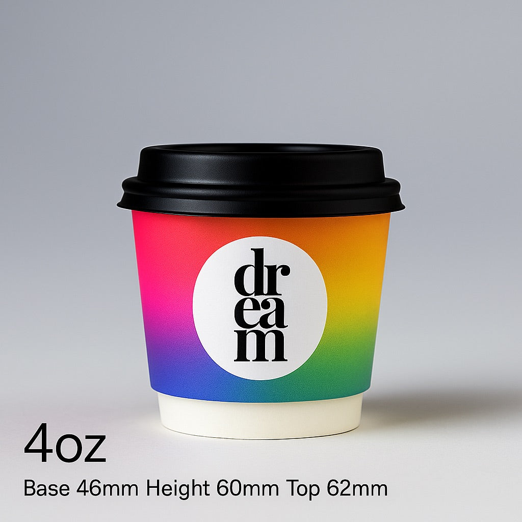Colorful customizable coffee tumbler with black lid and dreamwithreem logo on a white background