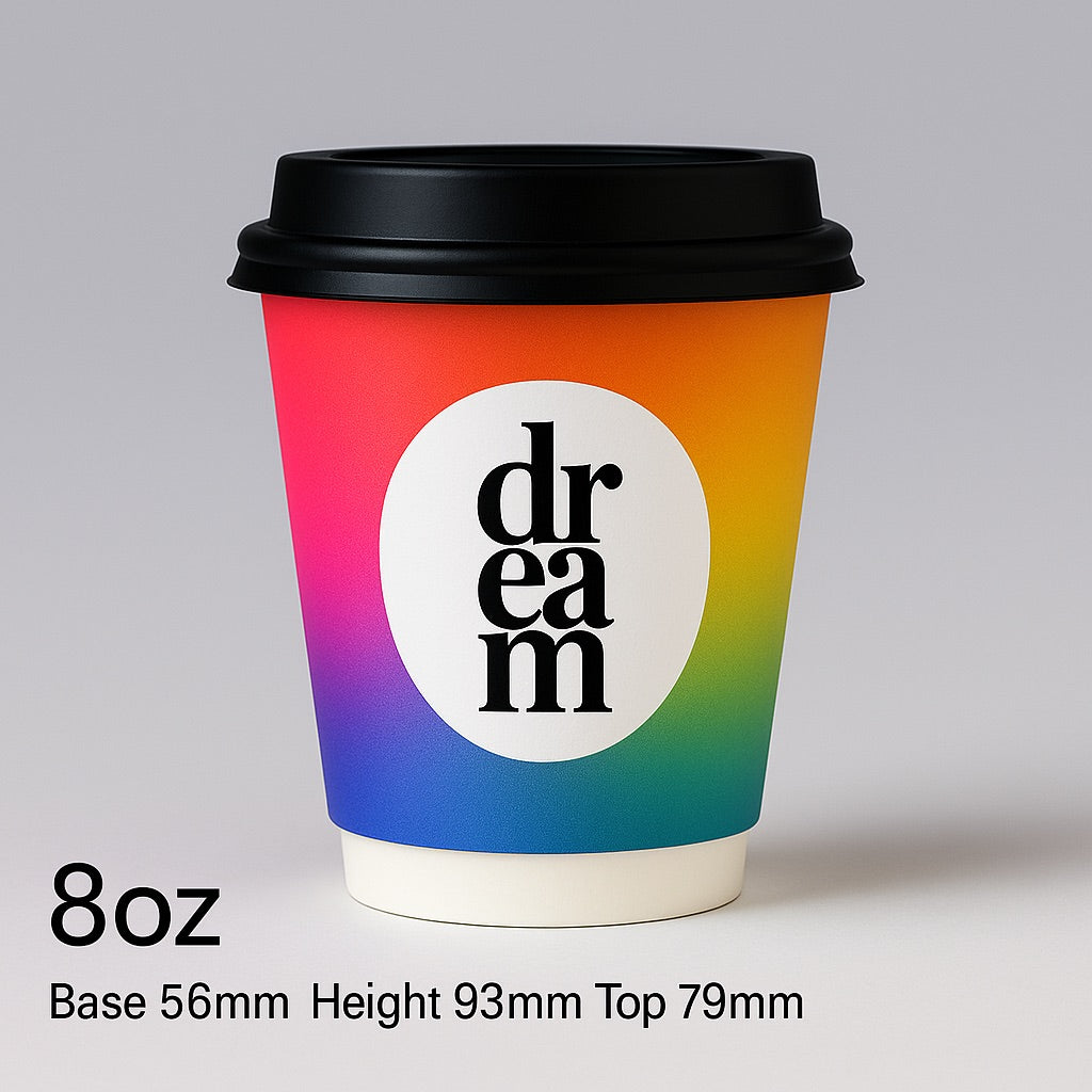 Colorful customizable coffee tumbler with dream logo and black lid by dreamwithreem