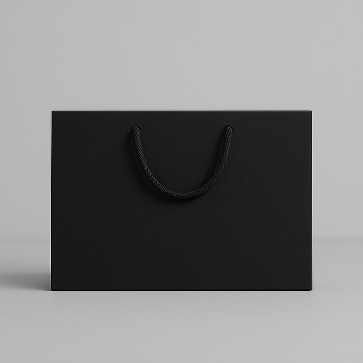 Black customizable retail bag with rope handles for personalized shopping and branding