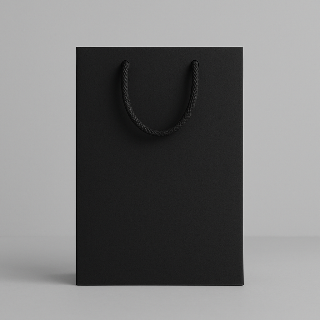 Black customizable retail bag with rope handles perfect for shopping and gift packaging