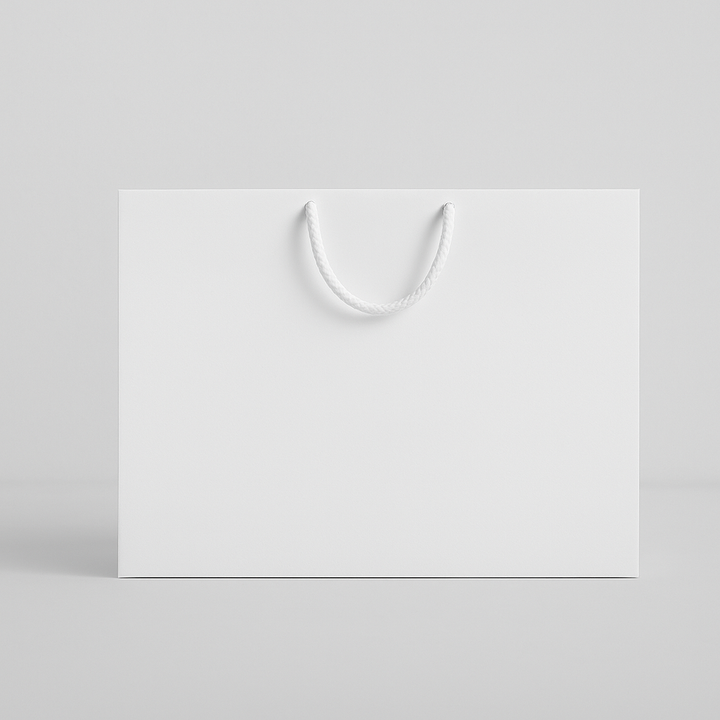 White customizable retail bag with rope handles for shopping and gift packaging