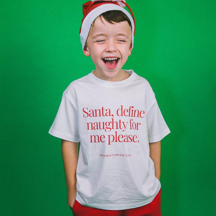 Funny Christmas shirt for kids featuring the phrase Santa define naughty for me please