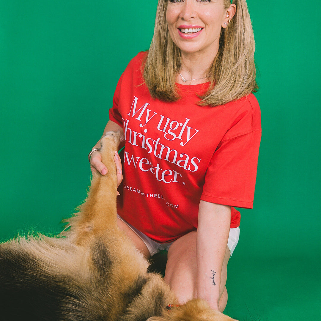 Custom red novelty Christmas tee gift featuring the phrase My ugly Christmas sweater from dreamwithreem