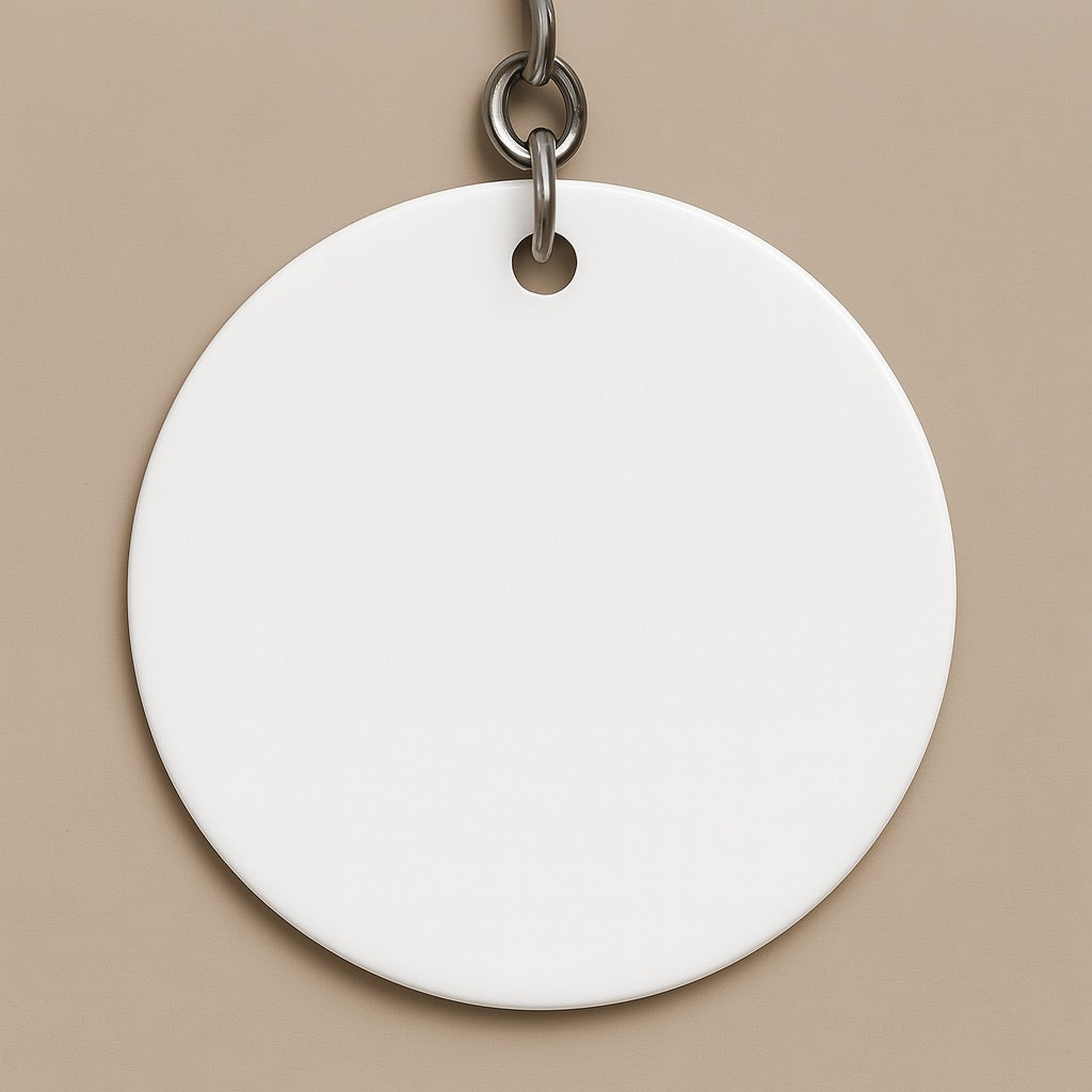 Round white blank keychain on metal ring for a personalized key holder gift by dreamwithreem