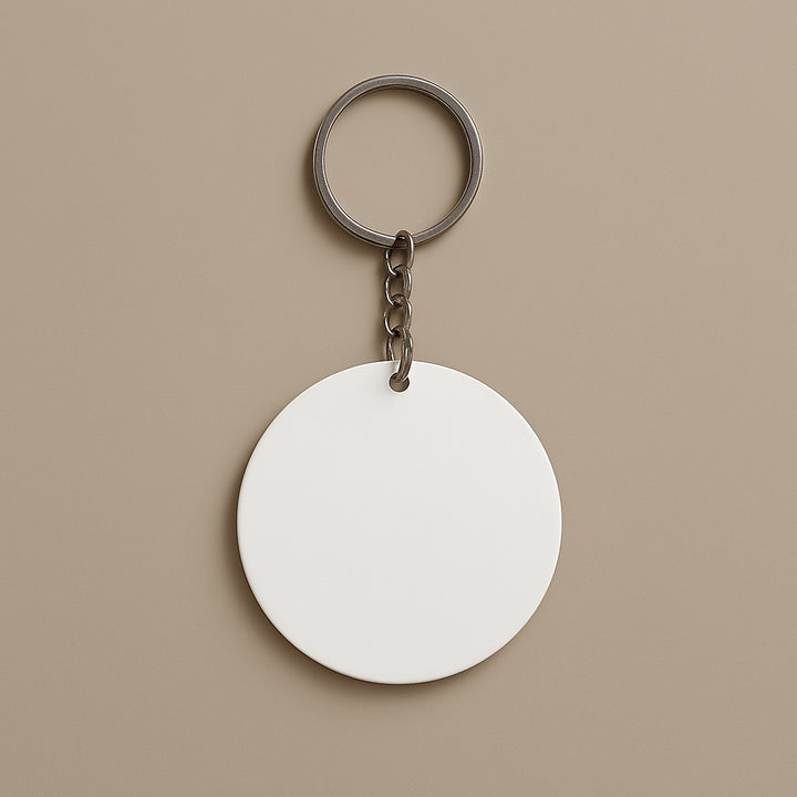 Round blank white keychain on metal ring perfect for personalized key holder gift