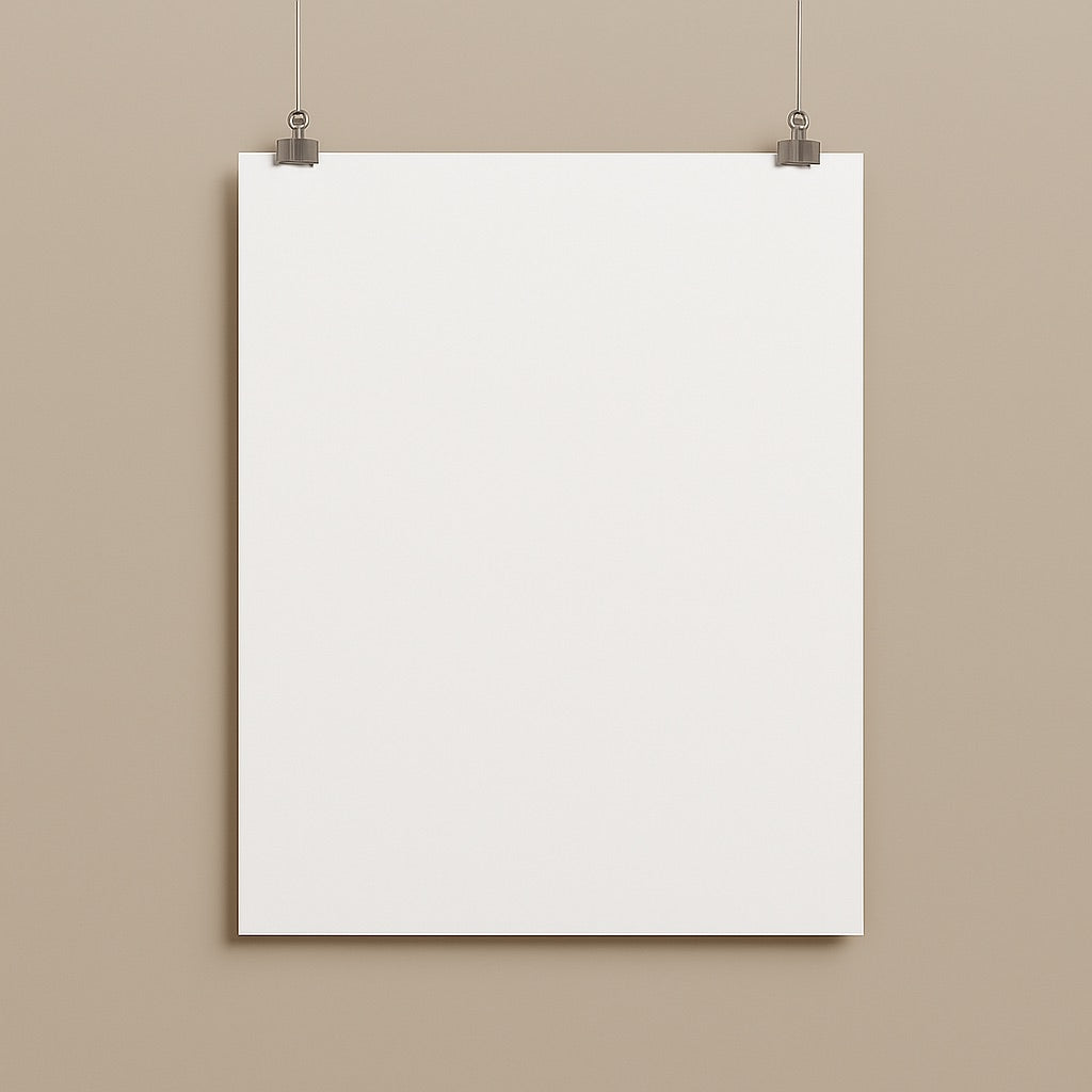 Blank white wall poster hanging with clips on beige wall for personalized wall posters