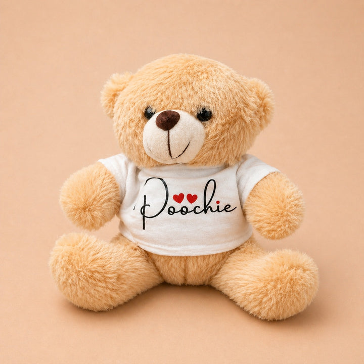 Custom teddy bear with shirt featuring the name Poochie for a personalized gift option