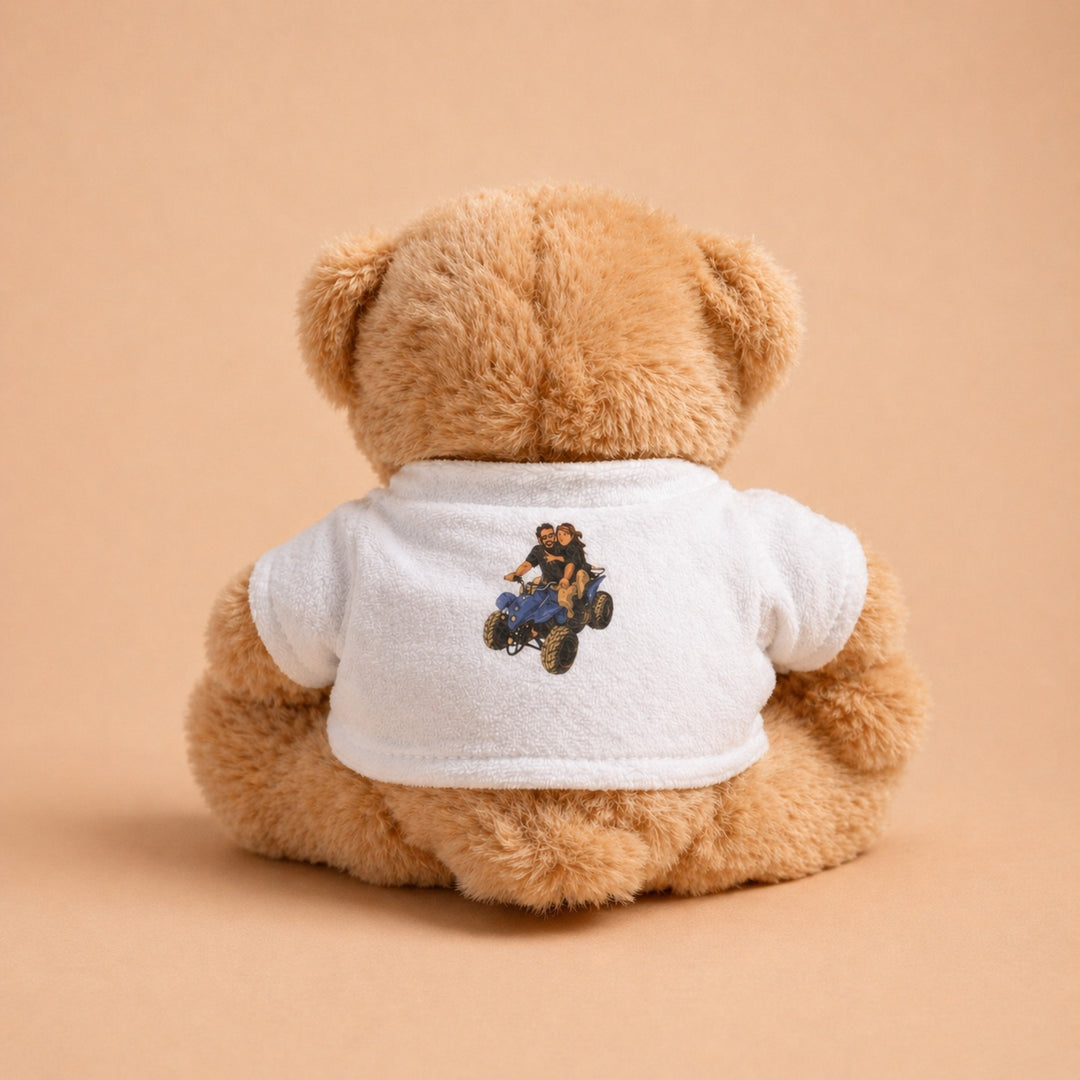Custom teddy bear with shirt featuring a fun graphic design on the back for memorable gifts