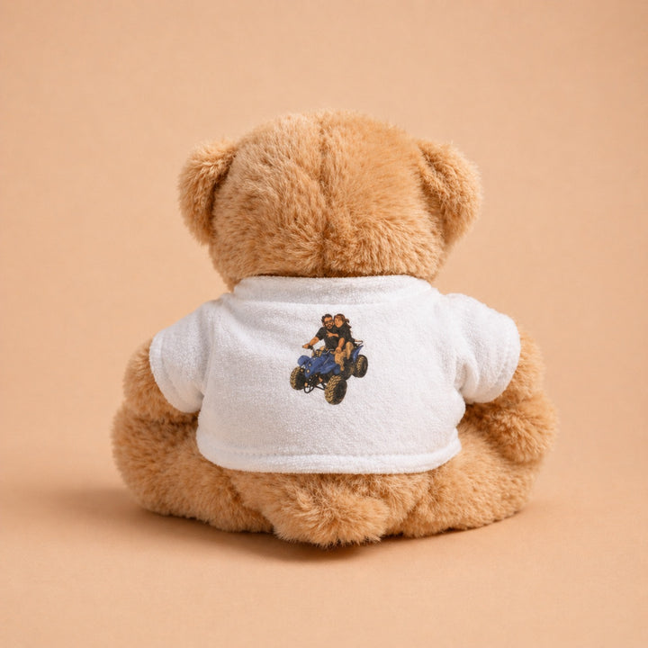 Custom teddy bear with shirt featuring a fun graphic design on the back for memorable gifts