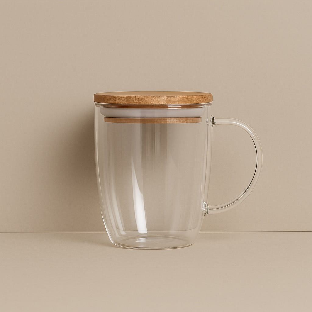 Clear customizable glass coffee cup with wooden lid and handle for hot beverages