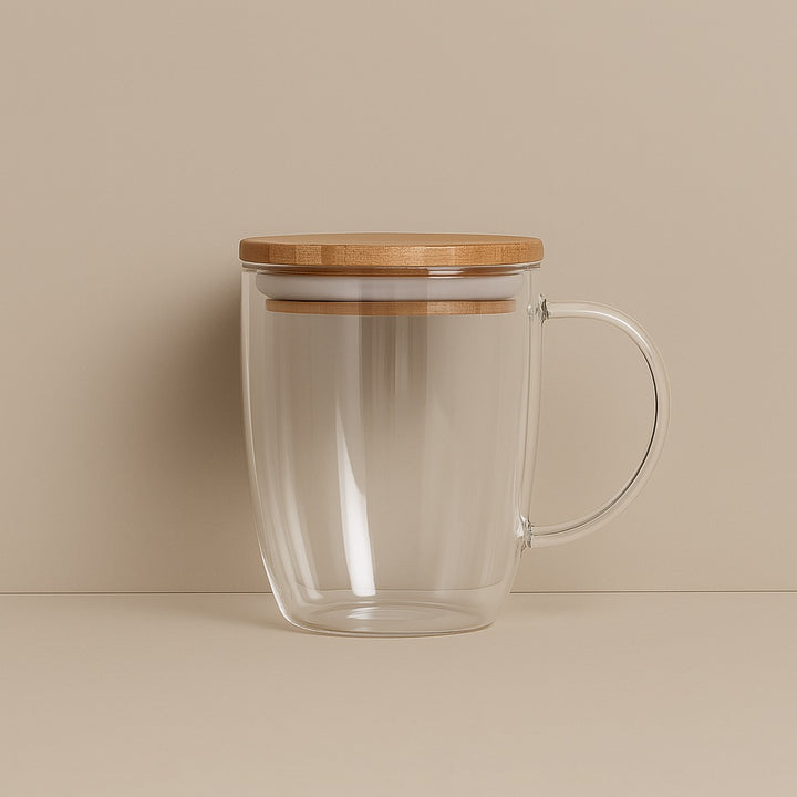 Clear customizable glass coffee cup with wooden lid and handle for hot beverages