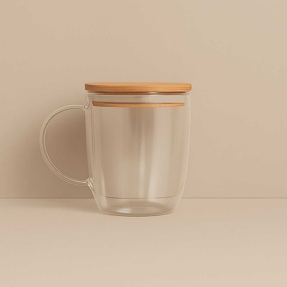 Clear customizable glass coffee cup with handle and bamboo lid on beige background