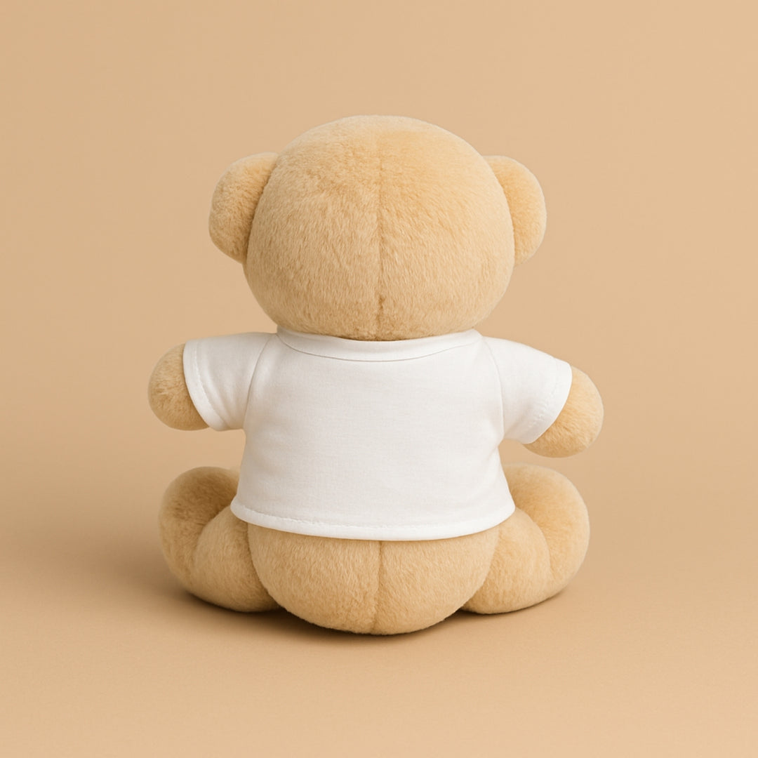 Custom teddy bear with shirt featuring a soft beige plush design and a blank white shirt