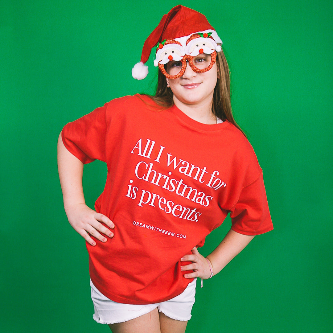 Fun All I Want For Christmas T-Shirt in red, perfect for festive holiday celebrations