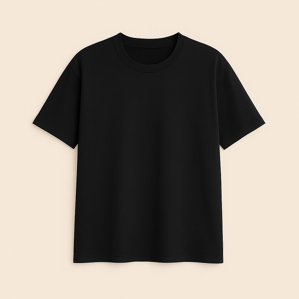 Black crew neck custom relaxed fit tee by dreamwithreem displayed flat on beige background
