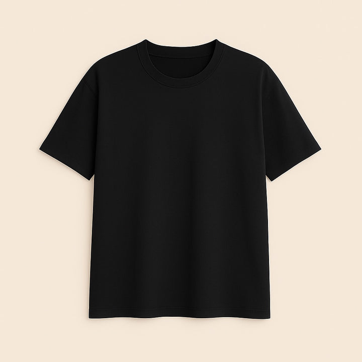 Black crew neck custom relaxed fit tee by dreamwithreem displayed flat on beige background
