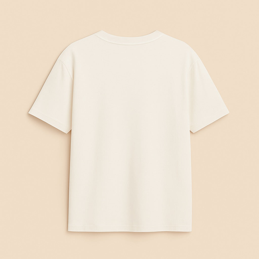 dreamwithreem custom relaxed fit tee back view cream short sleeve cotton shirt with crew neck