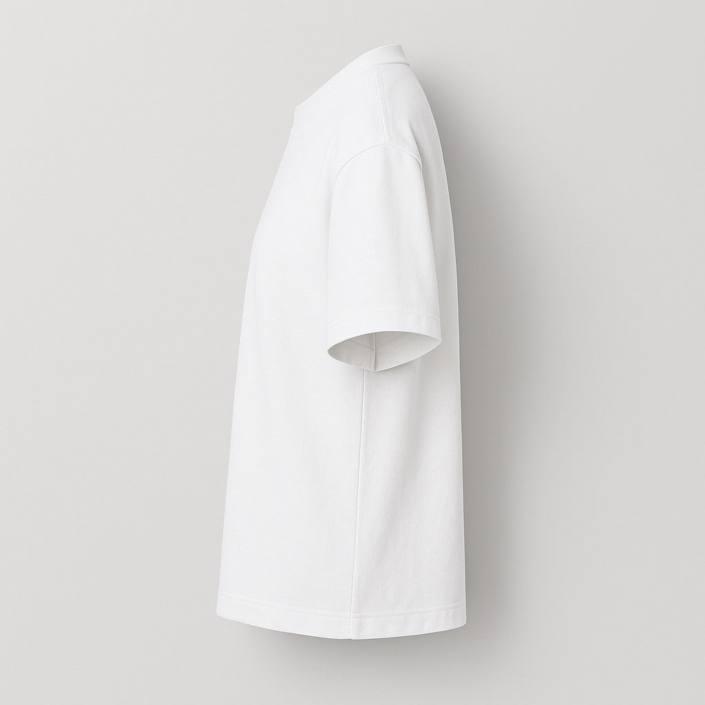 dreamwithreem white custom relaxed fit tee side view plain cotton shirt on neutral background