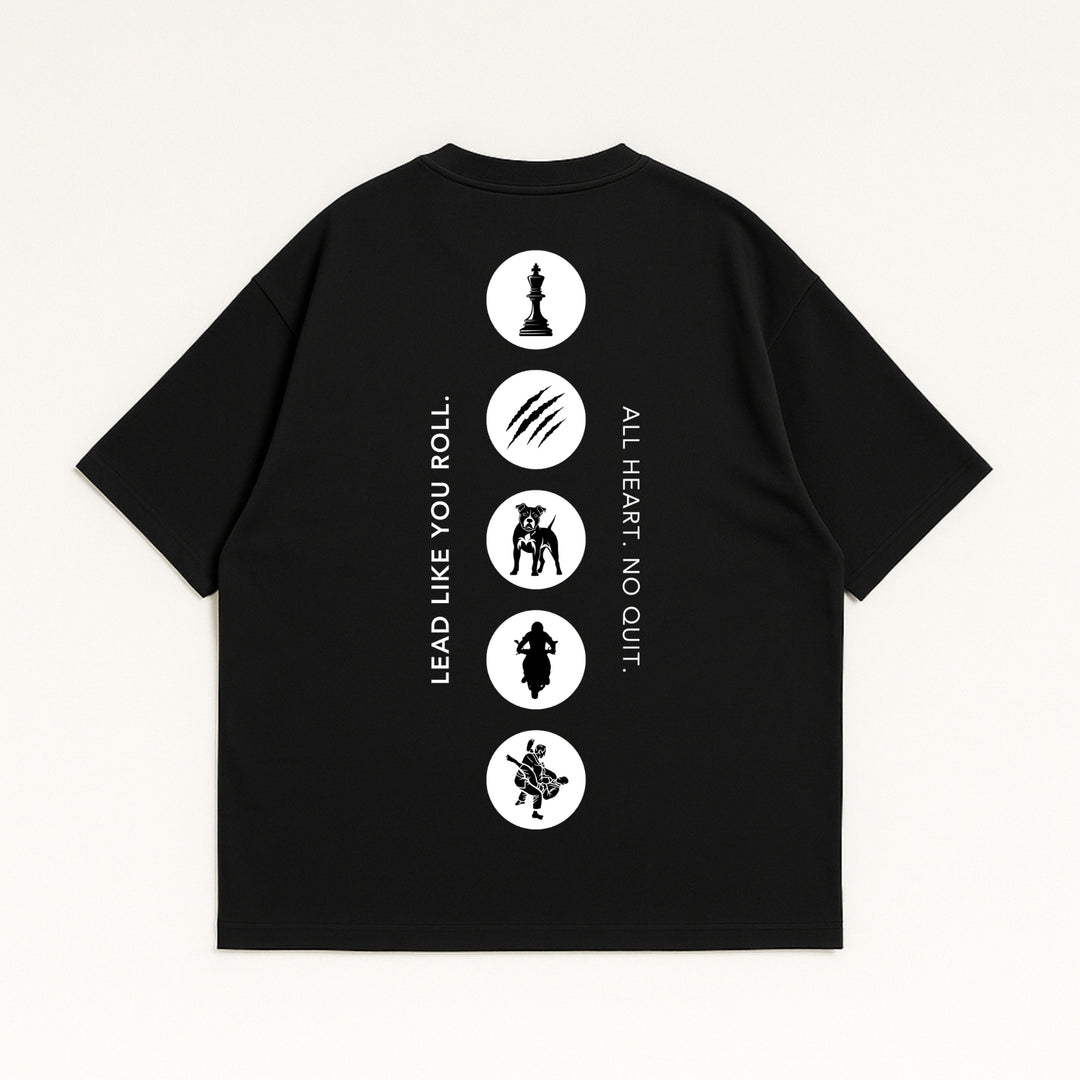 Custom T-Shirt black oversized back print with five white circular icons and vertical slogans LEAD LIKE YOU ROLL ALL HEART NO QUIT