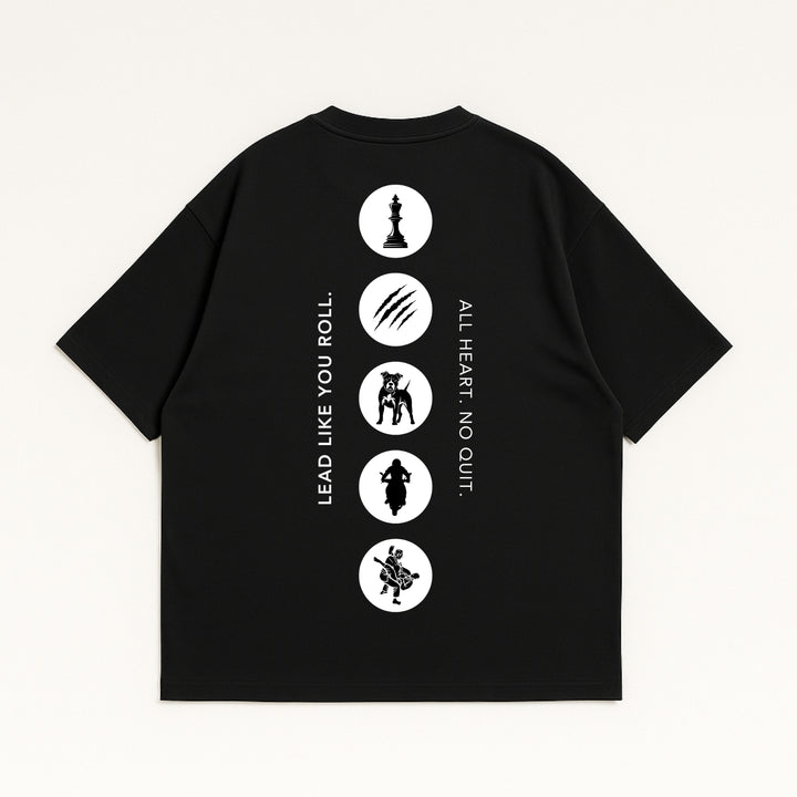 Custom T-Shirt black oversized back print with five white circular icons and vertical slogans LEAD LIKE YOU ROLL ALL HEART NO QUIT