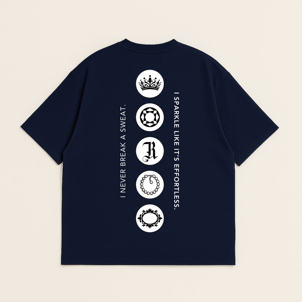 dreamwithreem navy Custom T-Shirt back with vertical white emblem icons crown soccer ball letter R chain and sparkle slogan