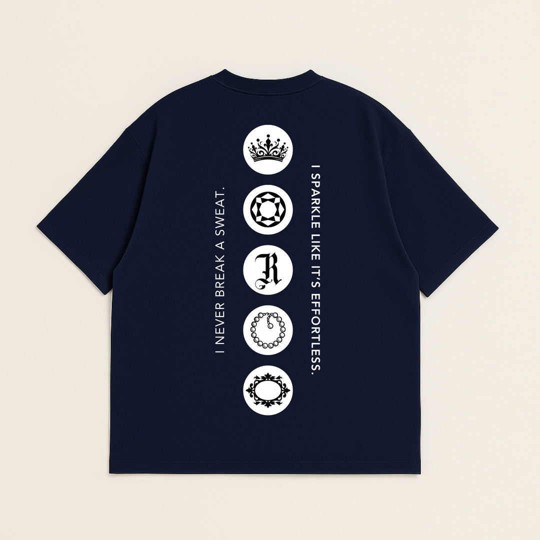 dreamwithreem navy Custom T-Shirt back with vertical white emblem icons crown soccer ball letter R chain and sparkle slogan