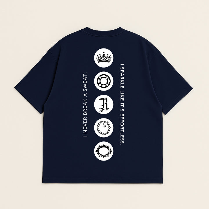 dreamwithreem navy Custom T-Shirt back with vertical white emblem icons crown soccer ball letter R chain and sparkle slogan