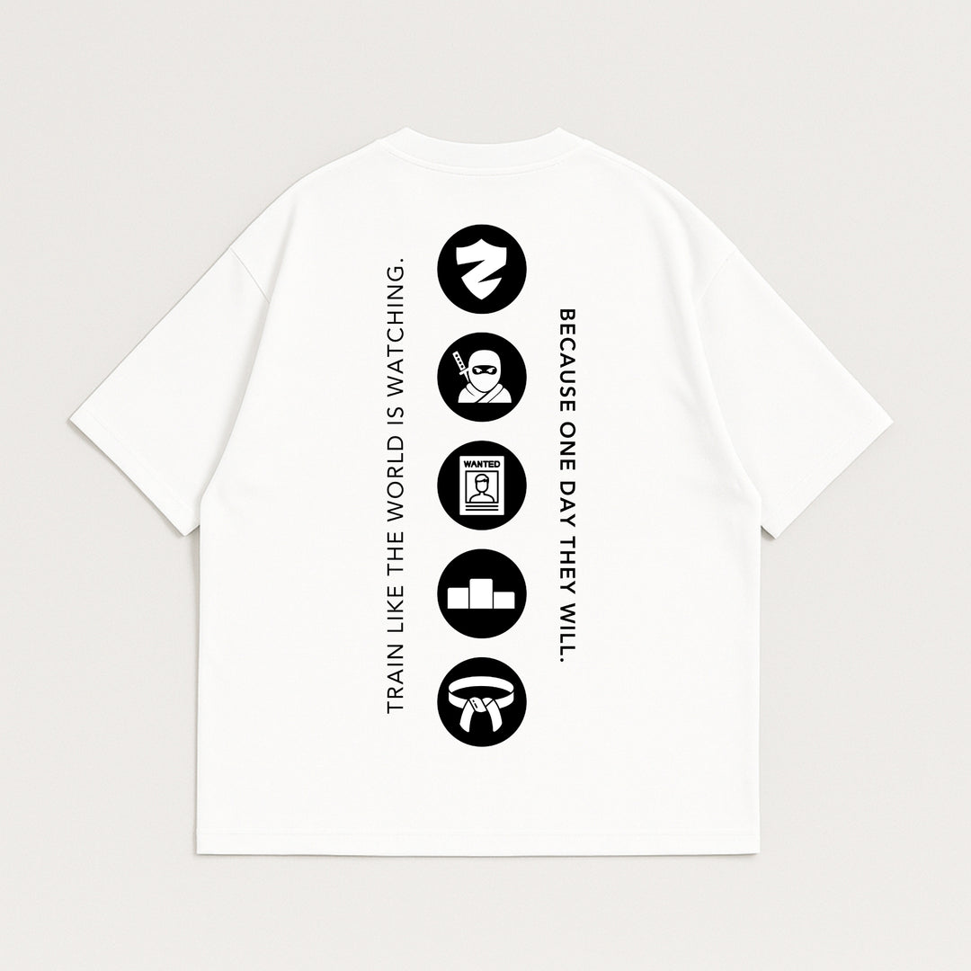 dreamwithreem Custom T-Shirt back print with vertical slogans Train like the world is watching and five black martial arts icons