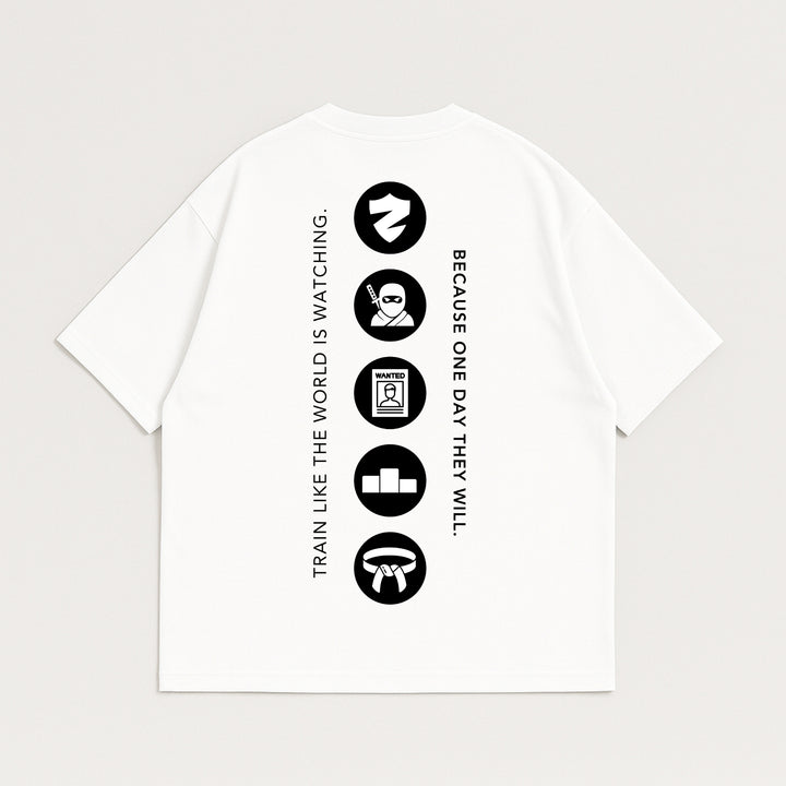 dreamwithreem Custom T-Shirt back print with vertical slogans Train like the world is watching and five black martial arts icons
