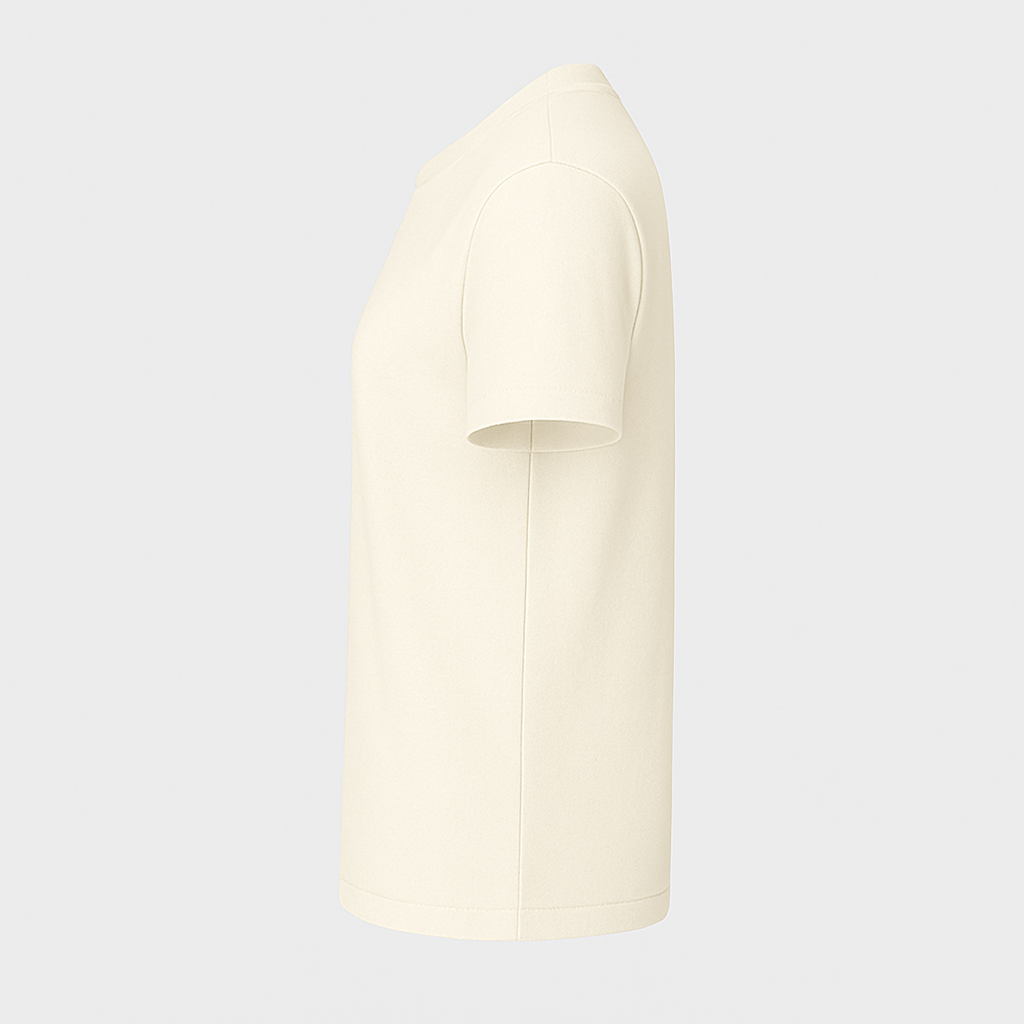 Side view of a cream-colored personalized fashion t-shirt by dreamwithreem with short sleeves
