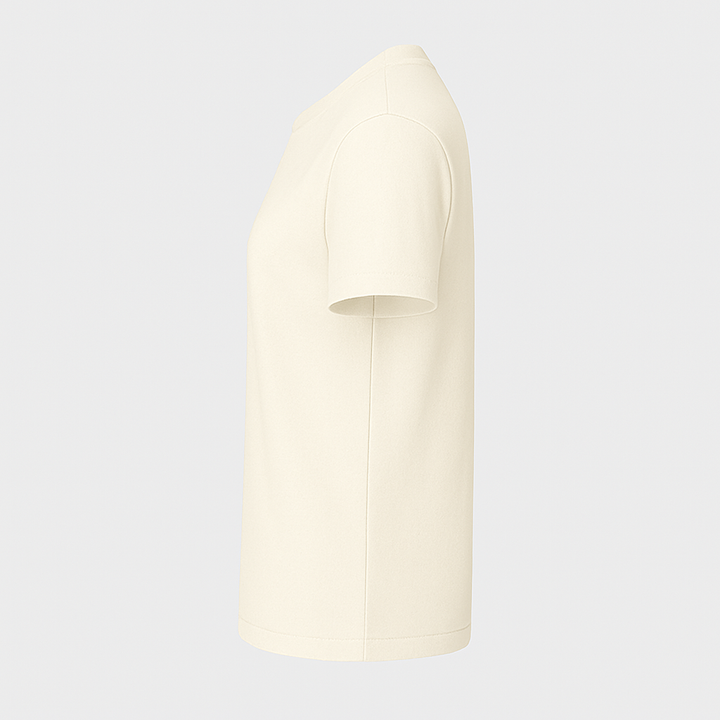 Side view of a cream-colored personalized fashion t-shirt by dreamwithreem with short sleeves