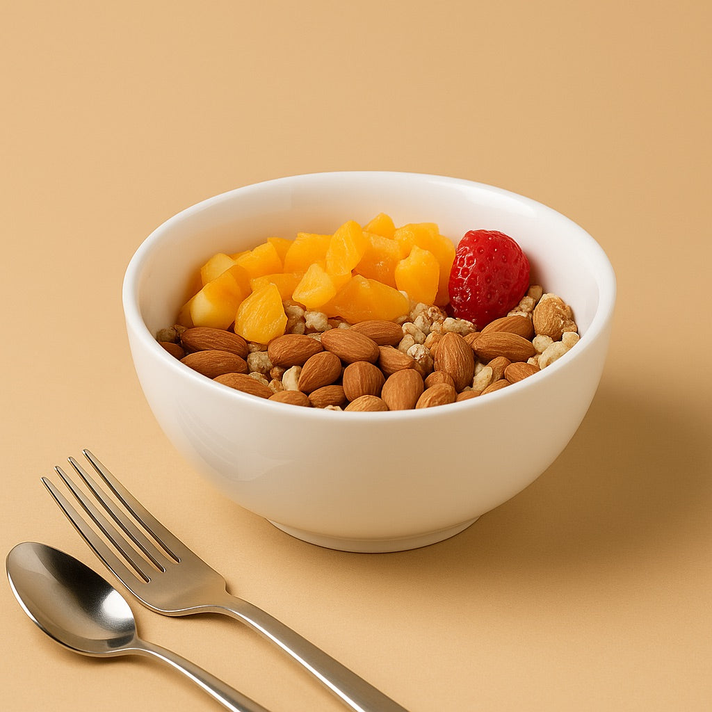 White ceramic bowl filled with granola, almonds, mango, and a strawberry. Buy ceramic bowls online.