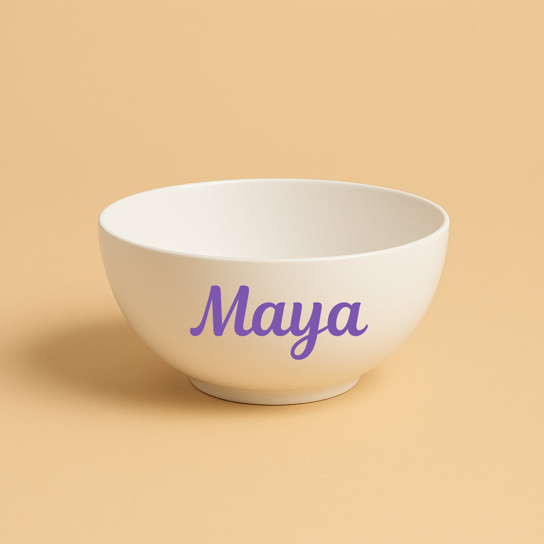 Personalized ceramic bowl with the name Maya in purple, perfect for those who want to buy ceramic bowls online