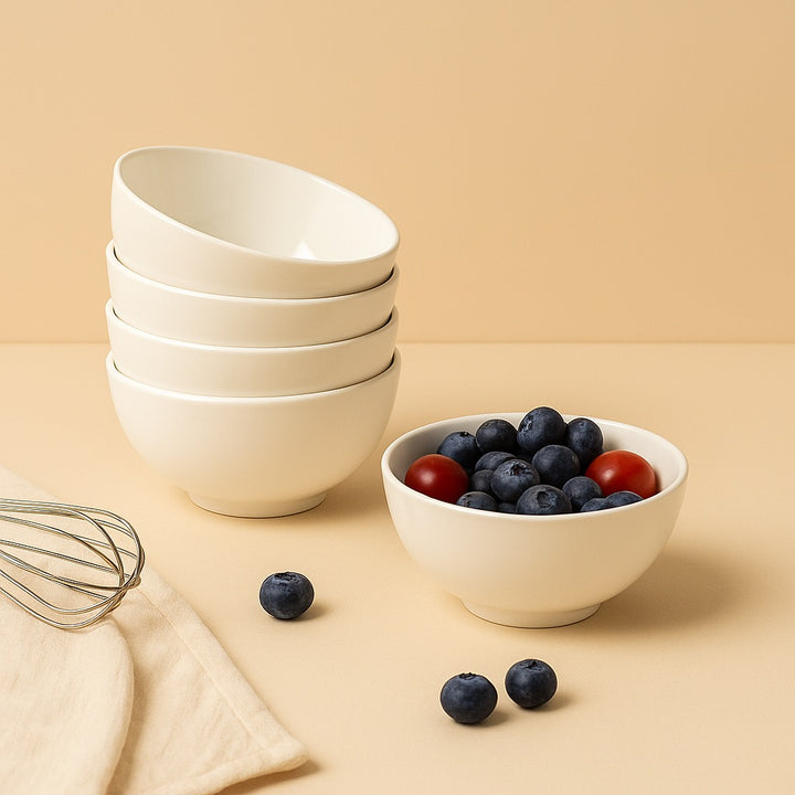 Set of five stackable custom print ceramic bowls with fresh blueberries and cherry tomatoes, buy ceramic bowls online