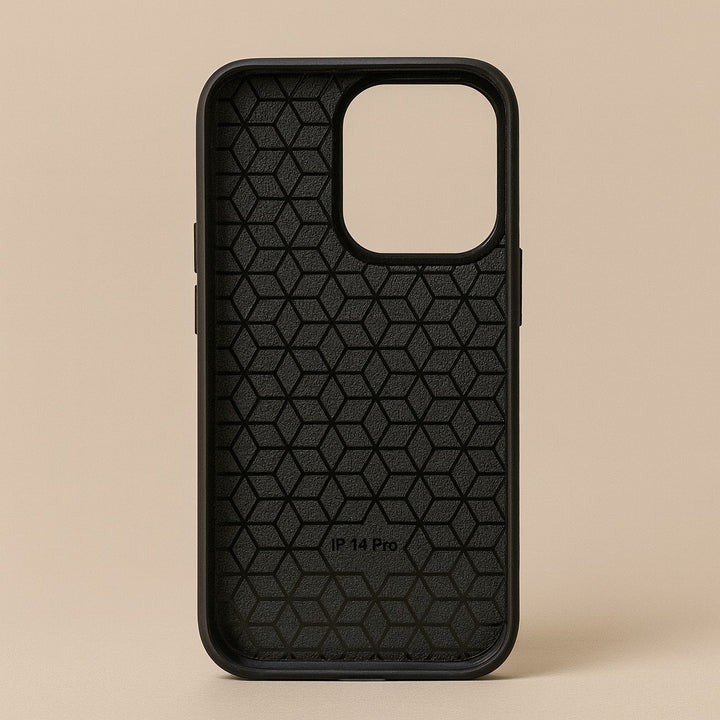Black protective iPhone 14 Pro case with hex pattern interior customizable mobile cover online from dreamwithreem