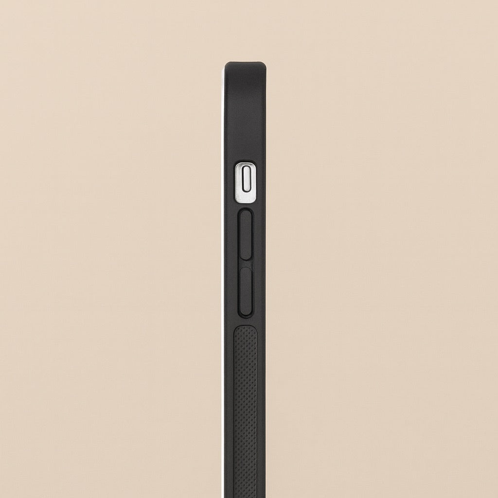 Side profile of slim black phone case with textured grip and button cutouts customizable mobile cover online