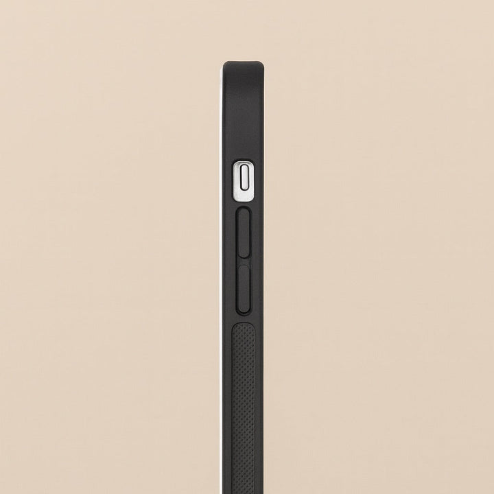 Side profile of slim black phone case with textured grip and button cutouts customizable mobile cover online