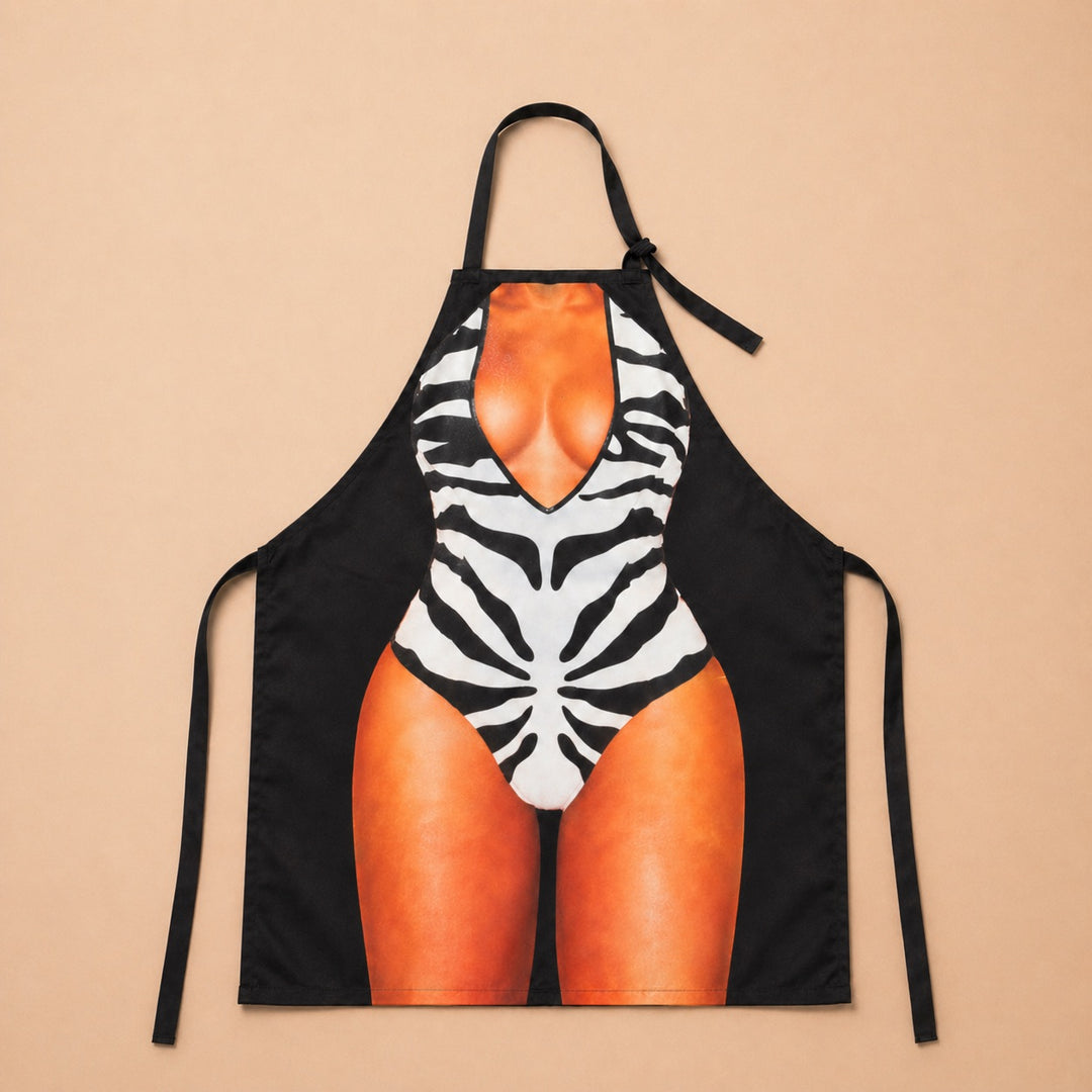 Custom apron featuring a bold zebra print design for a unique kitchen style