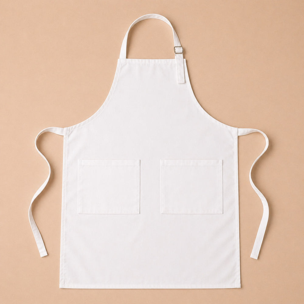 Custom apron in white with two front pockets for cooking and crafting enthusiasts