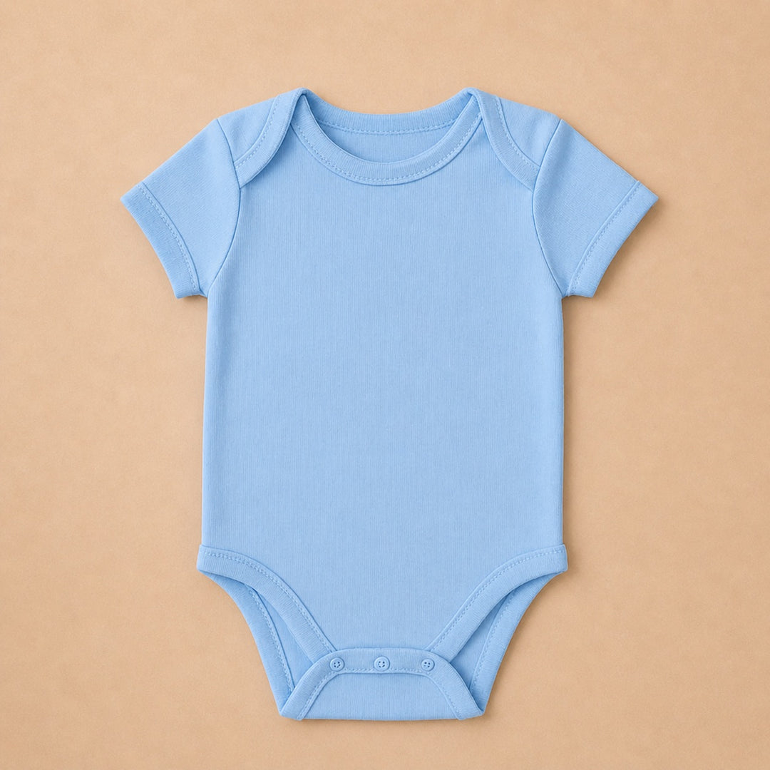 Light blue custom baby onesie with short sleeves and snap closures for easy dressing