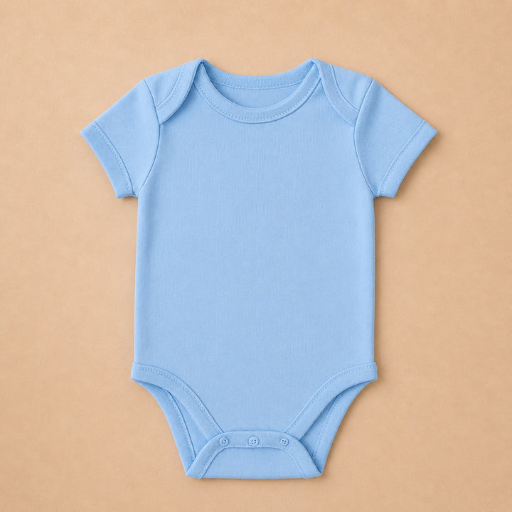 Light blue custom baby onesie with short sleeves and snap closures for easy dressing