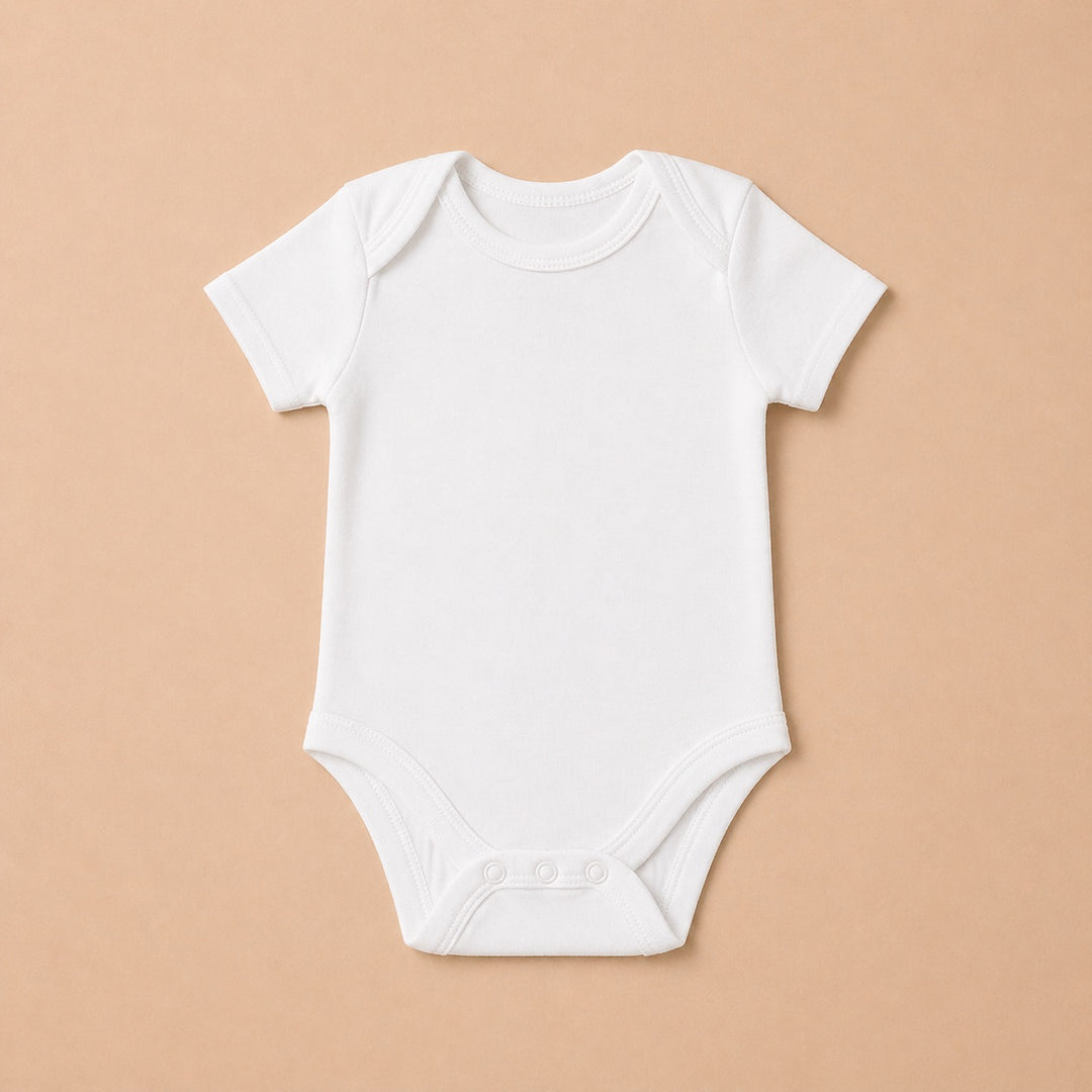 Plain white custom baby onesie with short sleeves and snap closures for easy dressing