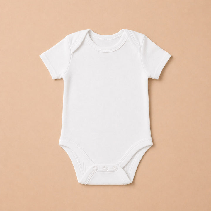 Plain white custom baby onesie with short sleeves and snap closures for easy dressing