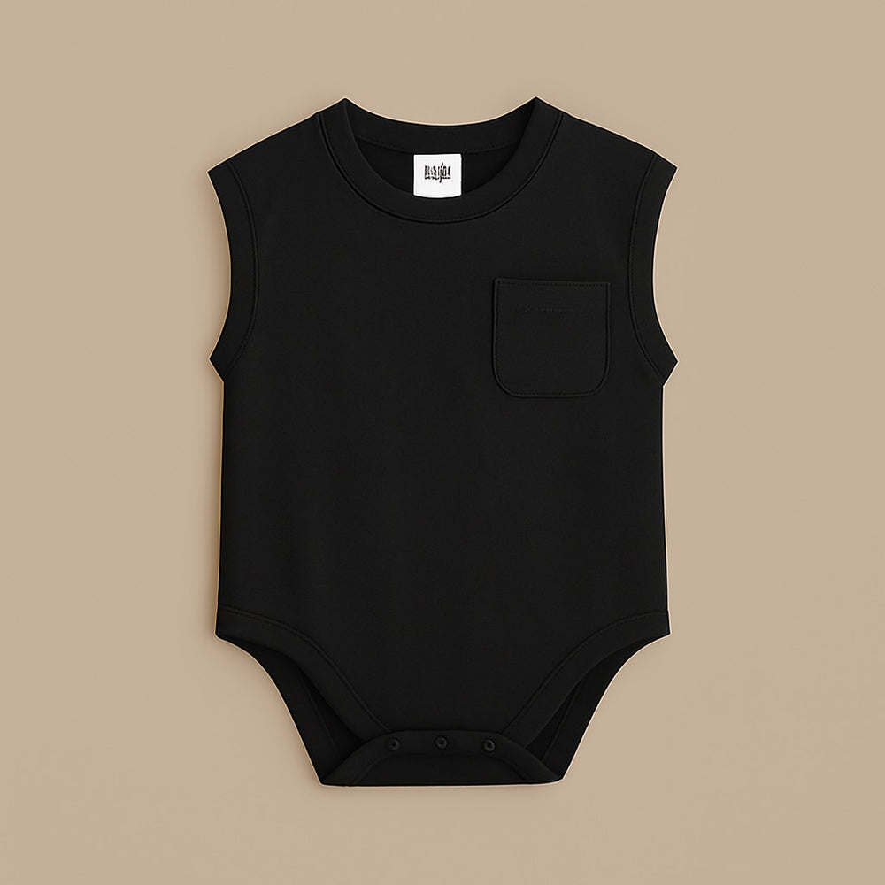 Black custom baby tee onesie with a front pocket, perfect for stylish infants