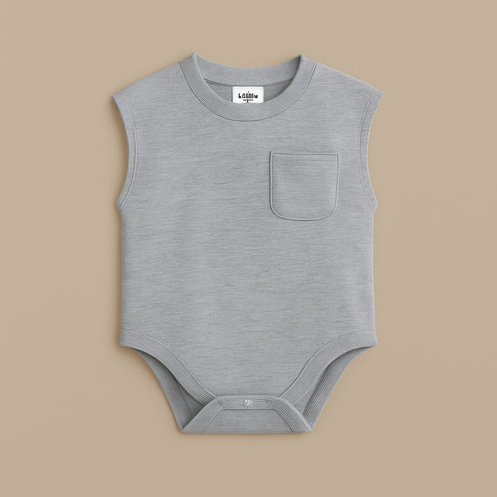 Gray Custom Baby Tee Onesie with Sleeveless Design and Front Pocket