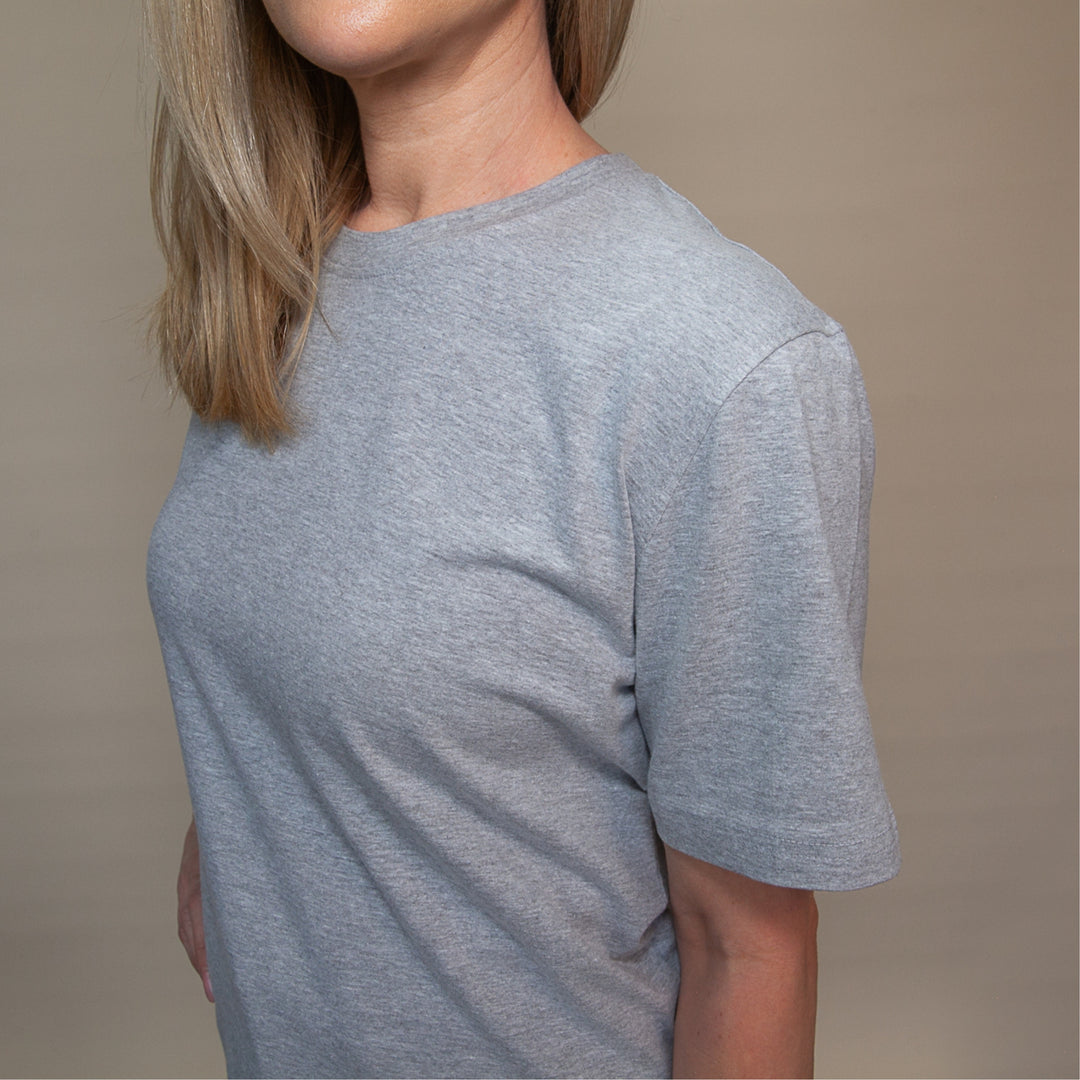 Model wearing a soft gray custom classic fit t-shirt for comfortable everyday wear
